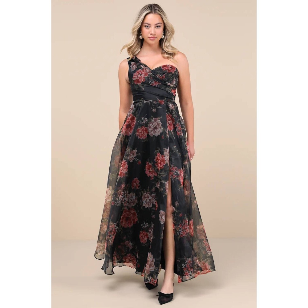 Lulus Truly Extraordinary Black Floral Organza One-Shoulder Maxi Dress Large - Picture 5 of 8